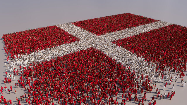 Danish Flag formed from a Crowd of People. Banner of Denmark on White.