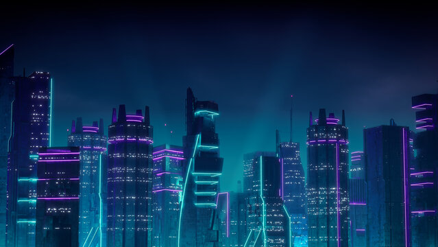 Cyberpunk Cityscape with Purple and Cyan Neon lights. Night scene with Visionary Architecture.