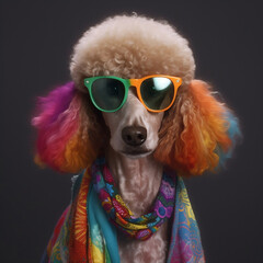 french poodle dog hippie style beautiful cute organic clothing excellent quality 8k IA generativa