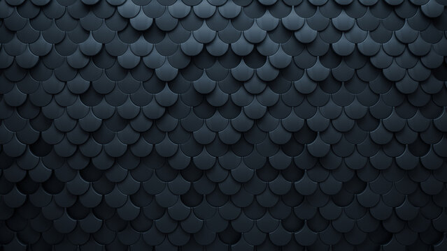 Semigloss, Black Wall background with tiles. Fish Scale, tile Wallpaper with Polished, 3D blocks. 3D Render