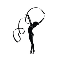 Ribbon Rhythmic Gymnastics flat sihouette vector. Rhythmic Gymnastics female athlete black icon on white background.