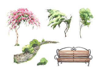 Trees, bench and part of stone fence, floral garden set, watercolor isolated illustration for your design textile, nature print, summer postcards or wallpaper. - 596216354