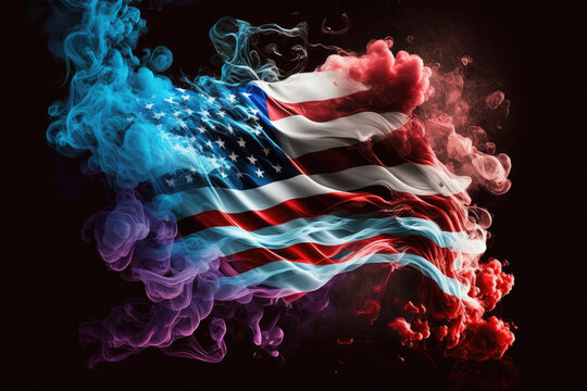AI generated american flag form smoke on black background at USA independence day
