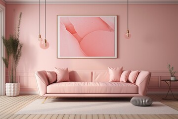 Contemporary pink living room with heart art & sofa. Generative AI