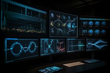 Scientific data processing with screens on black background, including DNA strands. Generative AI