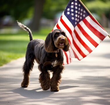dog in the background of the American flag. Proud dog in front of the American flag on Independence Day. The concept of America. Flag Day in the United States of America.