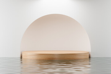 3d presentation pedestal made of wood over white wall with arch reflected in water. 3d rendering of mockup of presentation podium for display or advertising purposes
