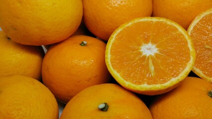 Close up of orange slices in market