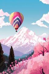 Fototapeta premium hot air balloon in the sky above the Swiss Alps. Sakura blossoms are visible. Flat illustration. Generative Ai.