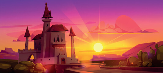 Medieval Europe tower castle with bridge on sunset cartoon background. France fortress construction for kingdom protection landscape illustration. Citadel fortification facade and skyline view
