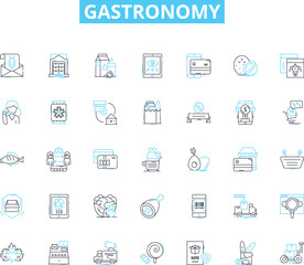Gastronomy linear icons set. Cuisine, Food, Culinary, Gourmet, Savory, Delicious, Flavorful line vector and concept signs. Tasty,Palatable,Mouthwatering outline illustrations