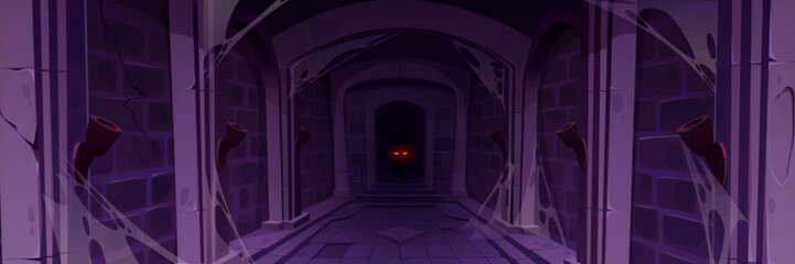 Abandoned castle cave for medieval game cartoon. Creature eye glow in corridor. Dark spooky masonry stone wall in palace underground dungeon corridor. Halloween scary horror fantasy jail front view.