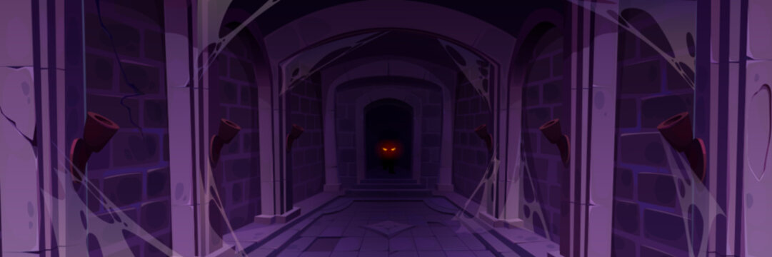 Abandoned Castle Cave For Medieval Game Cartoon. Creature Eye Glow In Corridor. Dark Spooky Masonry Stone Wall In Palace Underground Dungeon Corridor. Halloween Scary Horror Fantasy Jail Front View.