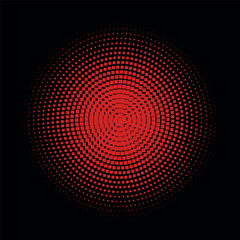 Red circles, dots on black background, halftone. Disco. Minimalism, vector. Background for posters, websites, business cards, postcards, interior design.