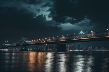 Nighttime bridge over water with city lights and cloudy sky. Generative AI
