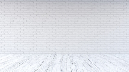 White empty brick wall with rough wooden floor. Living room or office empty space. Mock up template for product display