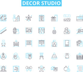 Decor studio linear icons set. Furniture, Textiles, Lighting, Arrk, Accessories, Wallpaper, Rugs line vector and concept signs. Upholstery,Cushions,Mirrors outline illustrations