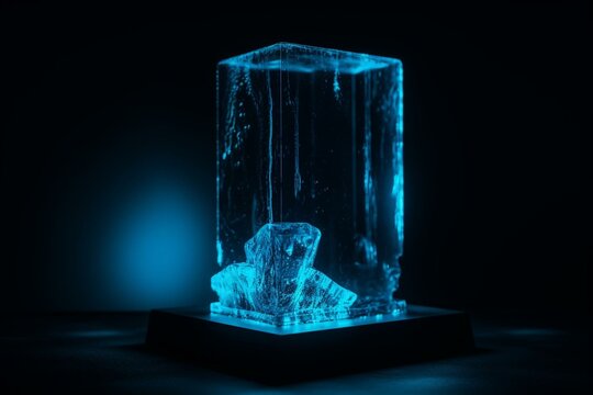 A blue ice podium in neon light on dark background. Perfect for studio setting. Generative AI