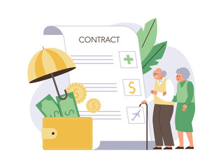 Pension or retirement benefits contract for employees, flat vector illustration isolated on white background.