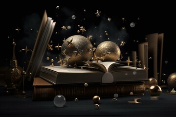 3D books adorned with stars and balls on dark backdrop. Generative AI