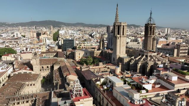 Drone aerial view of Barcelona's gothic cathedral Santa Creu i Santa Eul&agrave;lia. Historical center, Gothic quarter.