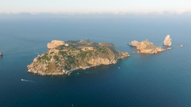 Drone view of Illes Medes in L'Estartit (Costa Brava). Aerial sunset in 4k.