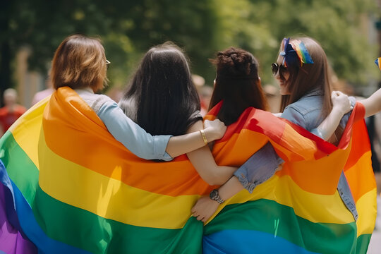 Rear view of a group of girls hanging out in the city at a parade wrapped up in a pride LGBT flag. Generated AI