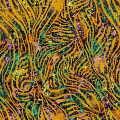 YELLOW SEAMLESS ABSTRACT BACKGROUND WITH MULTICOLORED NEON ZEBRA