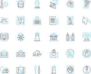 Musical concerts linear icons set. Performance, Stage, Lights, Sound, Audience, Musician, Show line vector and concept signs. Energy,Excitement,Setlist outline illustrations