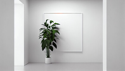 Mockup illustration featuring a white wall and a plant, with vacant space for a poster or painting
