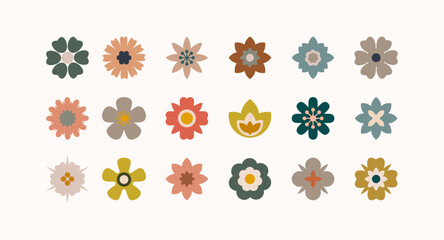 Flat flower color icons set. Simple flower silhouette.