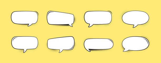 Retro speech bubble with black halftone shadows on yellow background template set. Vector illustration blank comic text frame, vintage design, pop art style