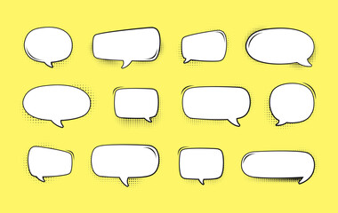 Obraz premium Retro empty speech bubble with black halftone shadows set. Vector illustration comic manga text frame, vintage design, pop art style