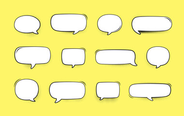 Obraz premium Retro empty speech bubble with black halftone shadows set. Vector illustration comic manga text frame, vintage design, pop art style