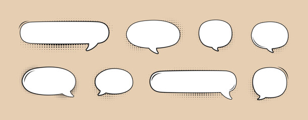 Fototapeta premium Retro speech bubble with black halftone shadows on yellow background template set. Vector illustration blank comic text frame, vintage design, pop art style