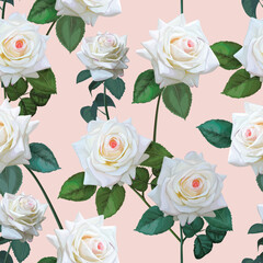 White rose seamless pattern on pink background -vector illustration