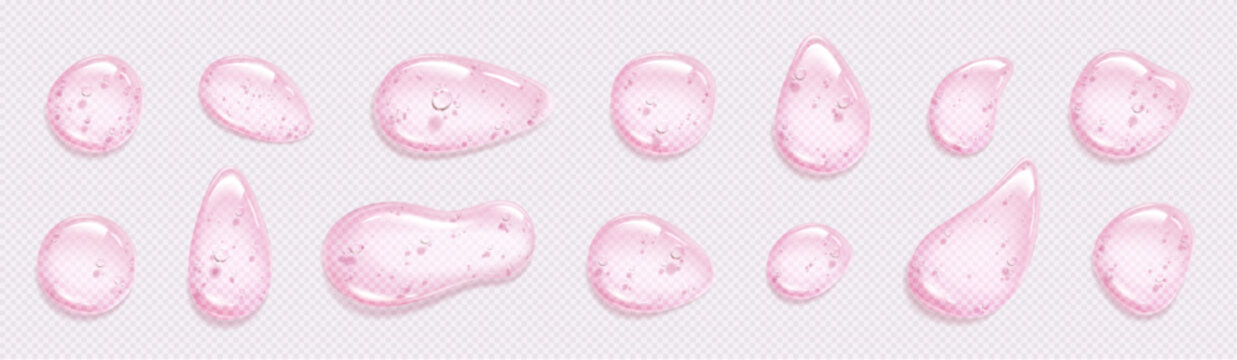 Liquid drops of gel, cosmetic serum or soap. Swatches of clear beauty product, pink skincare gel in top view isolated on transparent background, vector realistic illustration