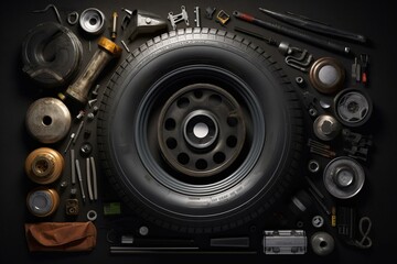 Illustration of tools and spare tire with transparent background. Generative AI