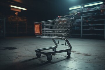 An unoccupied shopping cart within a retail shop. Generative AI