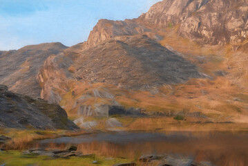 Digital painting of Cwmorthin Terrace and Rhosydd Slate Quarry, Blaenau Ffestiniog