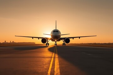 Fototapeta na wymiar Airplane on the runway at sunset. Generative AI