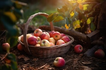 Ripe apples in a wicker basket on the grass in the garden, Generative AI