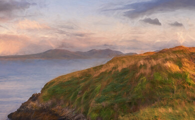 Digital painting of a view of the llyn peninsula from Ynys Llanddwyn on Anglesey, North Wales.