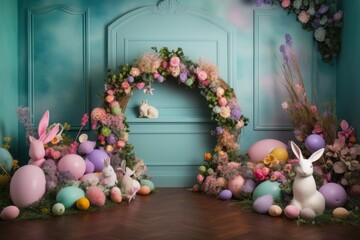 Obraz premium Easter decoration with eggs, bunny and wreath. Generative AI