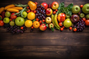 Fruits and vegetables on wooden table. Healthy food background with copy space, Generative AI