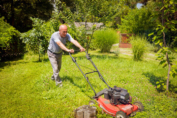 Farmer is mowing lawn in the garden with a petrol lawn mower