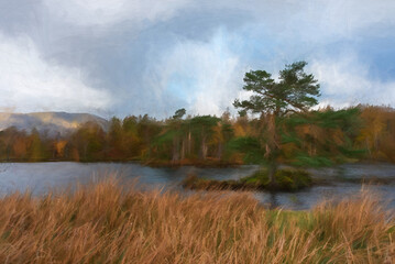 Digital painting of Tarn Hows in the English Lake District with views of Yewdale Crag, and Holme Fell during autumn.