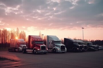 Trucks on the road at sunset. Concept of logistics. Generative AI