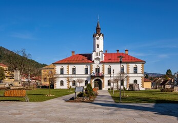 Fototapeta na wymiar Historic building of municipal office, Lubietova village near Banska Bystrica, Slovak republic. Architectural theme.