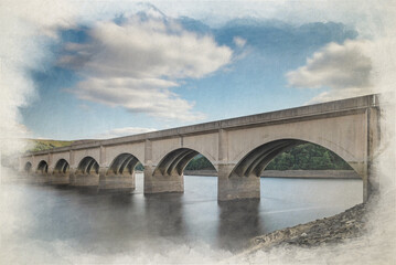 Digital watercolour painting of the Ashopton viaduct and Ladybower Reservoir.